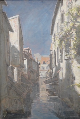 Mid 20th century, French oil on board, ‘Montargis, Rue Sur L'eau’, indistinctly signed lower right, 54 x 36cm. Condition - fair to good